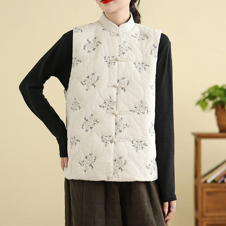 Buddha Stones刺繍入りカエルボタンレディースノースリーブコットンベストウエストコートポケット付き - image 14