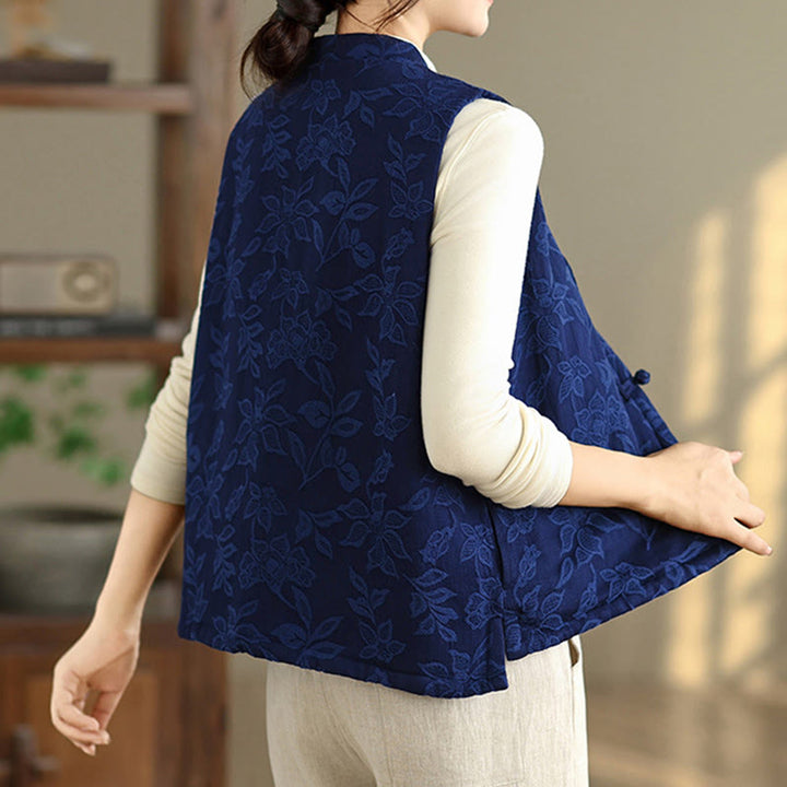 Buddha Stonesジャカード柄フロッグボタンレディースノースリーブコットンベストウエストコートポケット付き - image 5