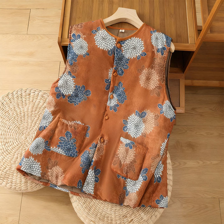 Buddha Stones柄プリント ボタン レディース ノースリーブ コットンベスト ウエストコート ポケット付き - チョコレート - US4、 UK/AU8、EU36 (女性) - image 0