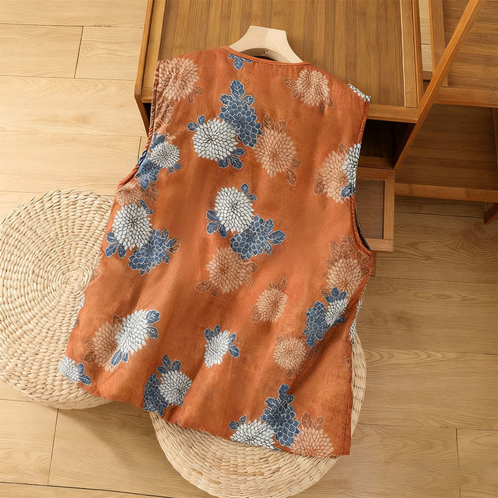 Buddha Stones柄プリント ボタン レディース ノースリーブ コットンベスト ウエストコート ポケット付き - image 1