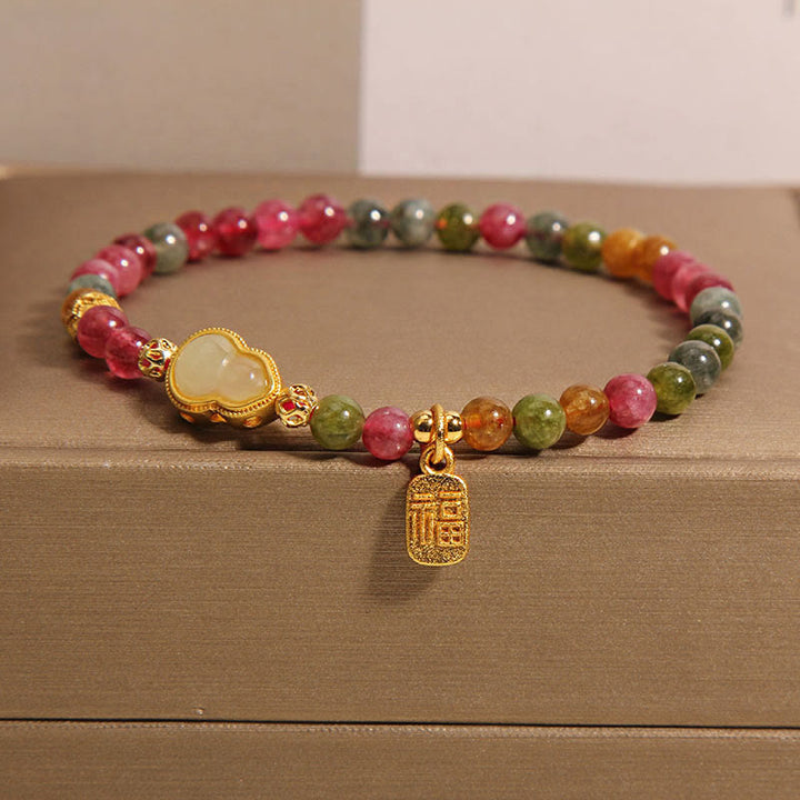 Buddha Stonesトルマリンカラフルストーン福文字幸運を呼ぶブレスレット - トルマリン（手首周り：15～16cm） - image 0