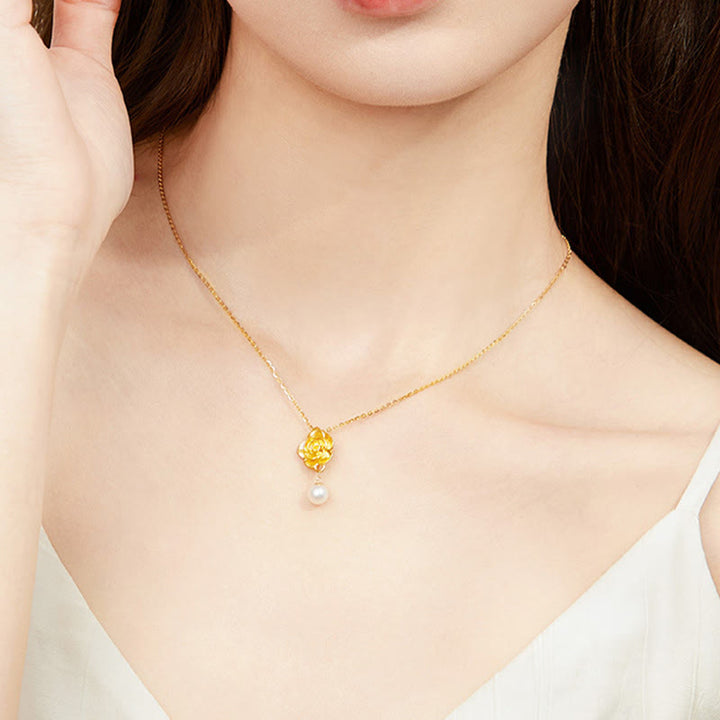 Buddha Stones 999スターリングシルバーメッキゴールドカメリアパールヒーリングネックレスペンダント - image 7