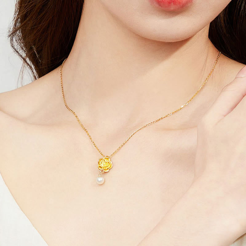 Buddha Stones 999スターリングシルバーメッキゴールドカメリアパールヒーリングネックレスペンダント - image 4