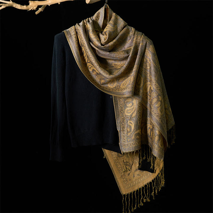 Buddha Stones春 ダークカーキ カシューナッツ 花 葉 柄 タッセル ソフト スカーフ ショール - image 1