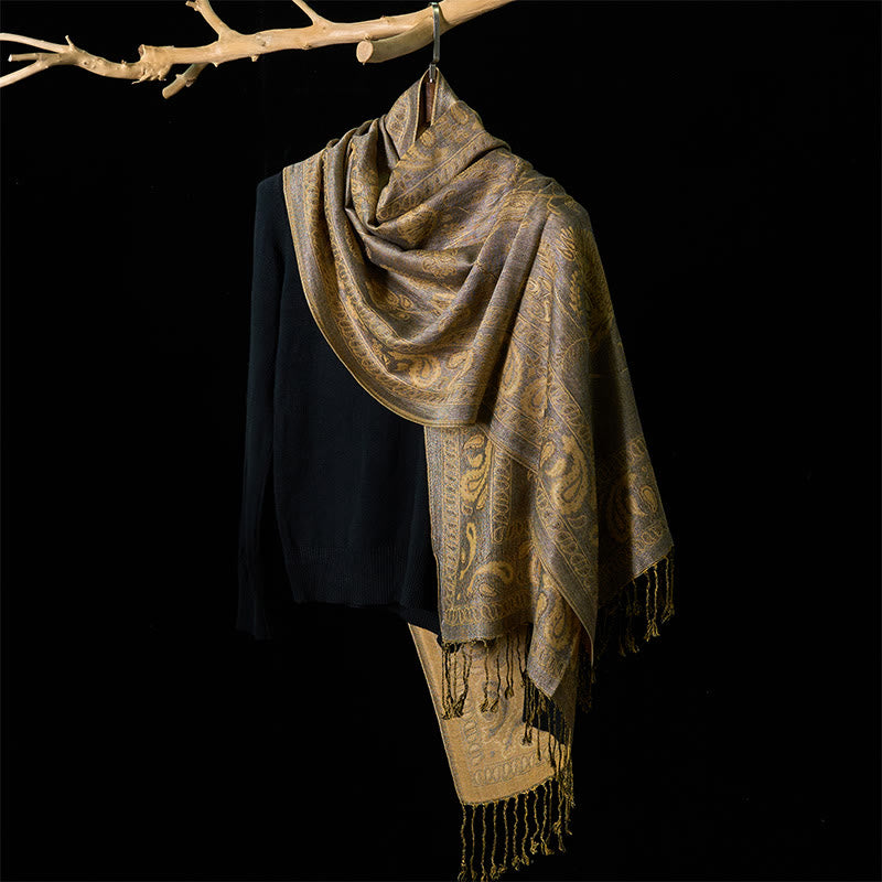 Buddha Stones春 ダークカーキ カシューナッツ 花 葉 柄 タッセル ソフト スカーフ ショール - image 2