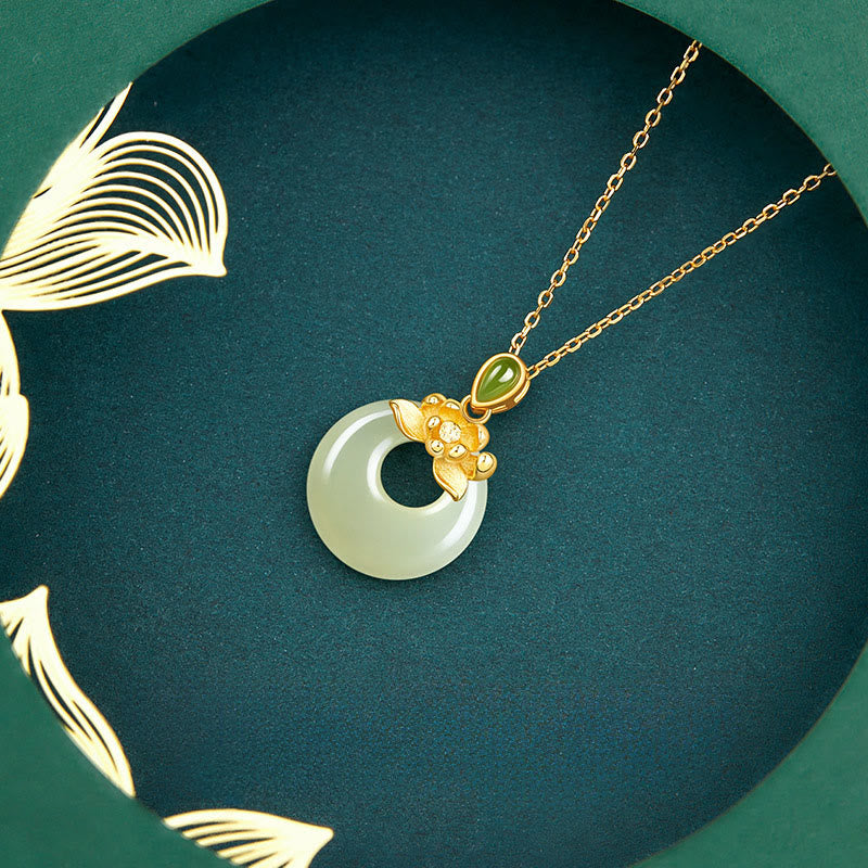 Buddha Stones 925スターリングシルバーメッキゴールド和田翡翠蓮の幸運ネックレスペンダント - image 2