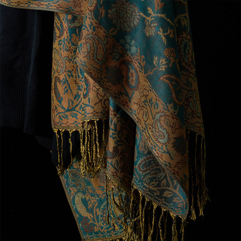 Buddha Stones春 ダークグリーン カシューナッツフラワー 花柄 葉柄 タッセル ソフトスカーフ ショール - image 6