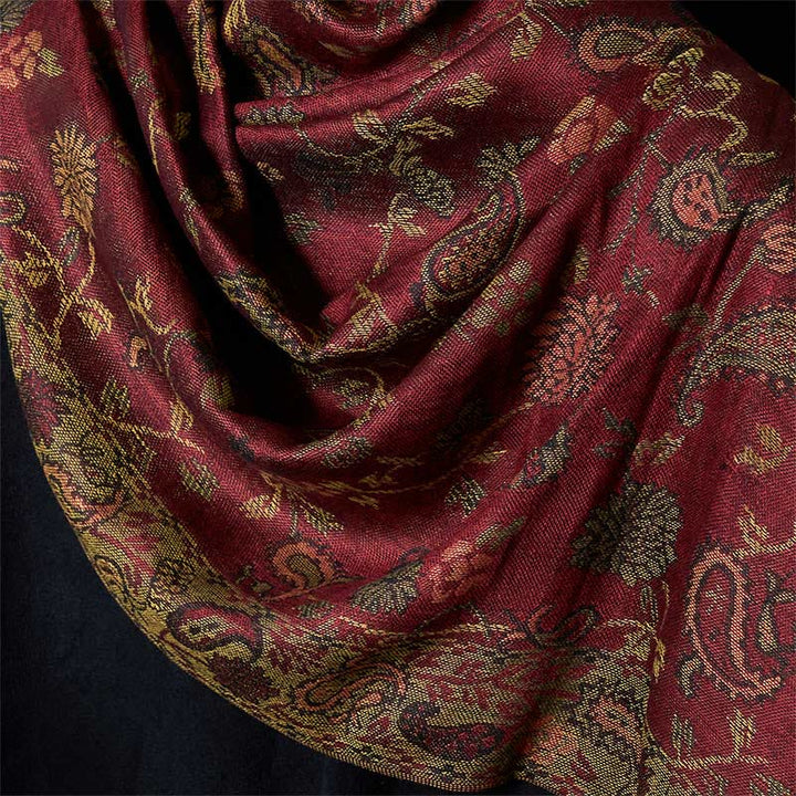 Buddha Stones春 ダークレッド カシューナッツフラワー 花柄 葉柄 タッセル ソフトスカーフ ショール - image 3
