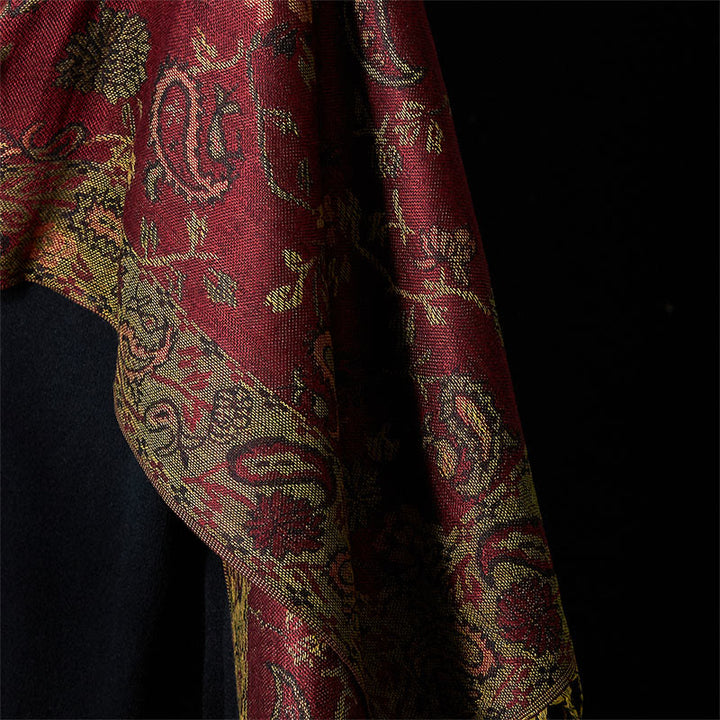 Buddha Stones春 ダークレッド カシューナッツフラワー 花柄 葉柄 タッセル ソフトスカーフ ショール - image 4