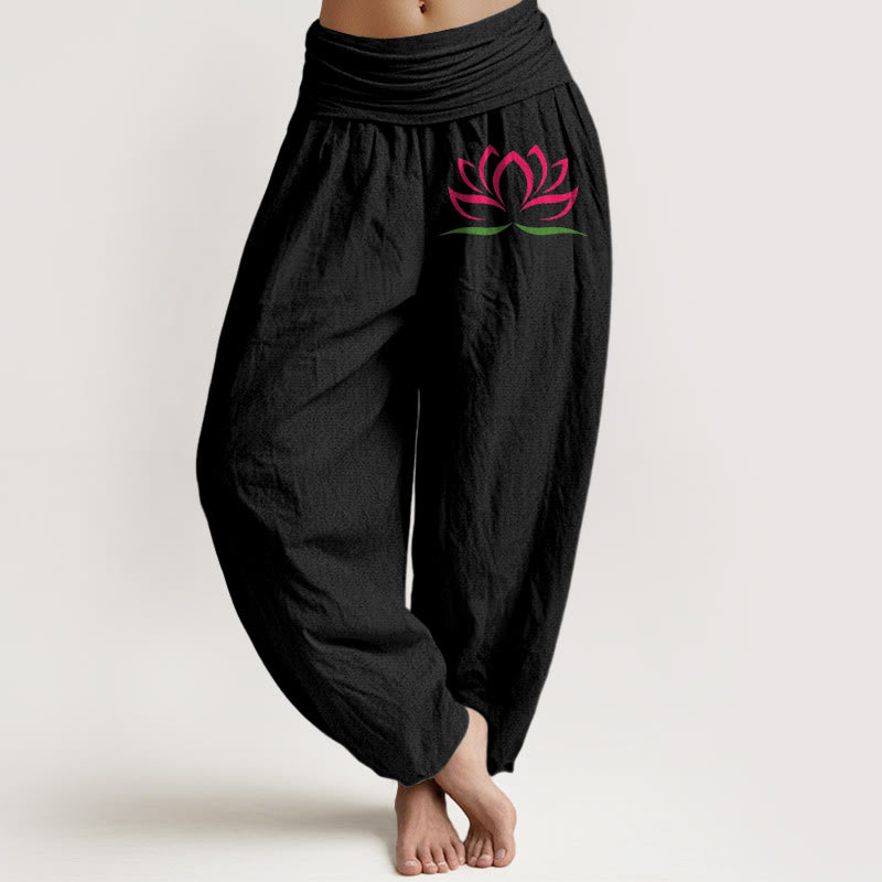Buddha Stonesシンプルデザイン ピンク 蓮柄 純綿 レディース 伸縮性ウエスト ハーレムパンツ - 黒 - US22、 UK/AU26、 EU54 (6XL) - image 0
