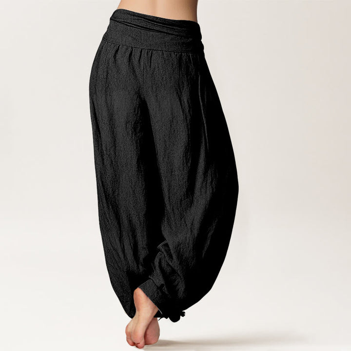 Buddha Stonesと二羽の優雅な鶴の模様 純綿 レディース 伸縮性ウエスト ハーレムパンツ - image 1