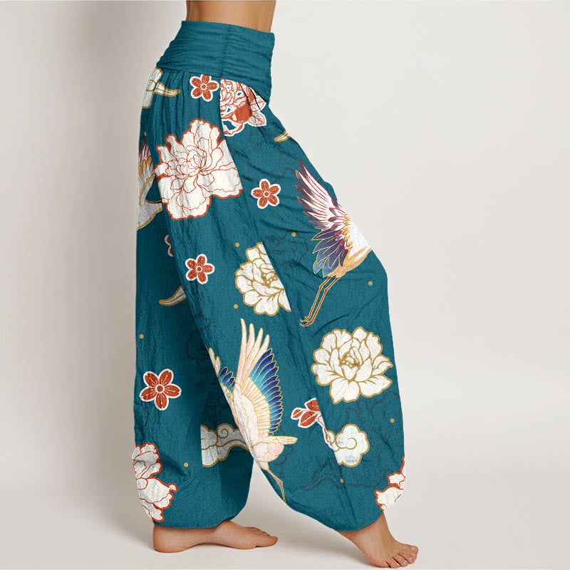 Buddha Stonesプリント 鶴 牡丹柄 レディース 伸縮性ウエスト ハーレム 純綿パンツ - image 2