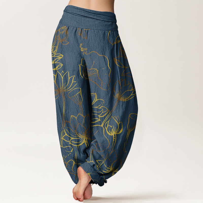 Buddha Stonesプリント 蓮の花と葉柄 レディース 伸縮性ウエスト ハーレム コットンパンツ - image 1