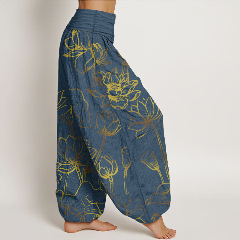 Buddha Stonesプリント 蓮の花と葉柄 レディース 伸縮性ウエスト ハーレム コットンパンツ - image 1