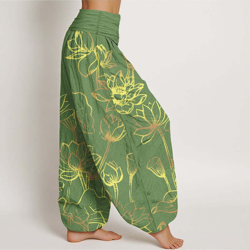 Buddha Stonesプリント 蓮の花と葉柄 レディース 伸縮性ウエスト ハーレム コットンパンツ - image 6