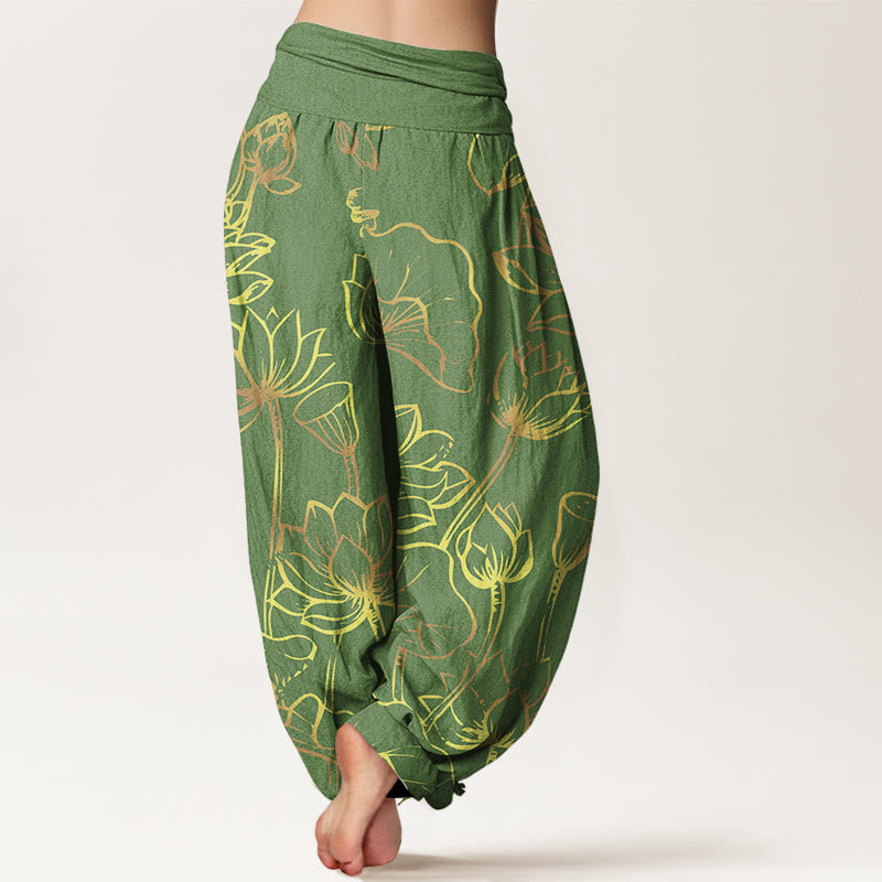 Buddha Stonesプリント 蓮の花と葉柄 レディース 伸縮性ウエスト ハーレム コットンパンツ - image 6