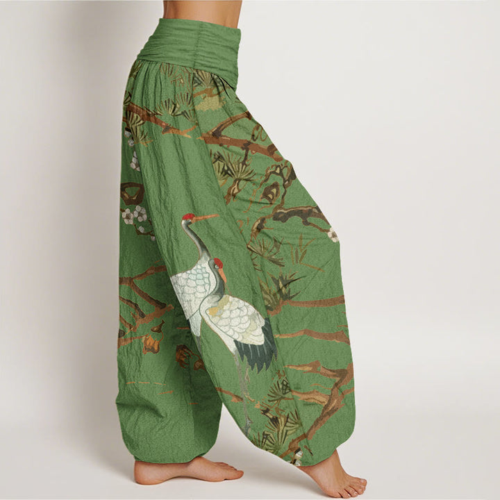 Buddha Stonesプリント 梅の花 鶴 松の木柄 レディース ウエストゴム ハーレム コットンパンツ - image 1