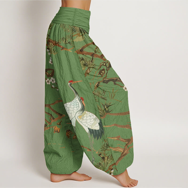 Buddha Stonesプリント 梅の花 鶴 松の木柄 レディース ウエストゴム ハーレム コットンパンツ - image 1