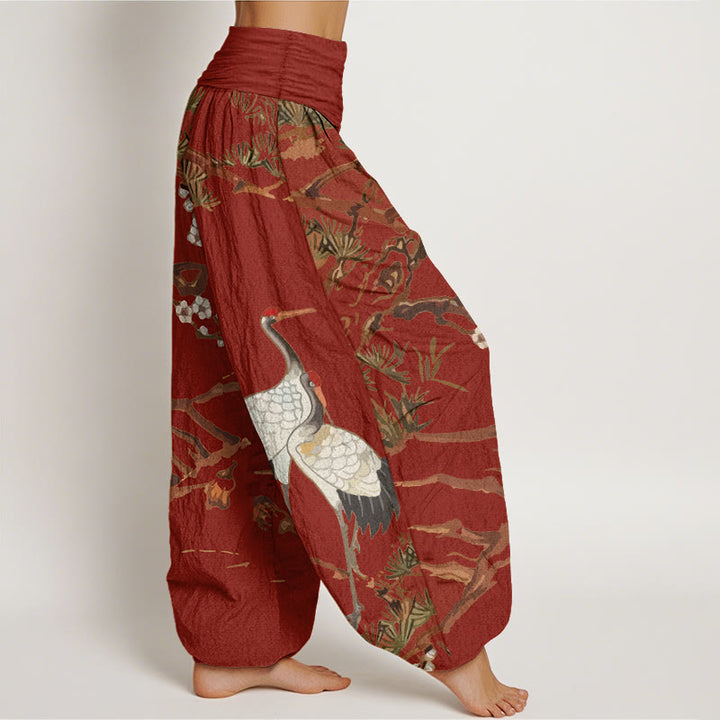 Buddha Stonesプリント 梅の花 鶴 松の木柄 レディース ウエストゴム ハーレム コットンパンツ - image 10