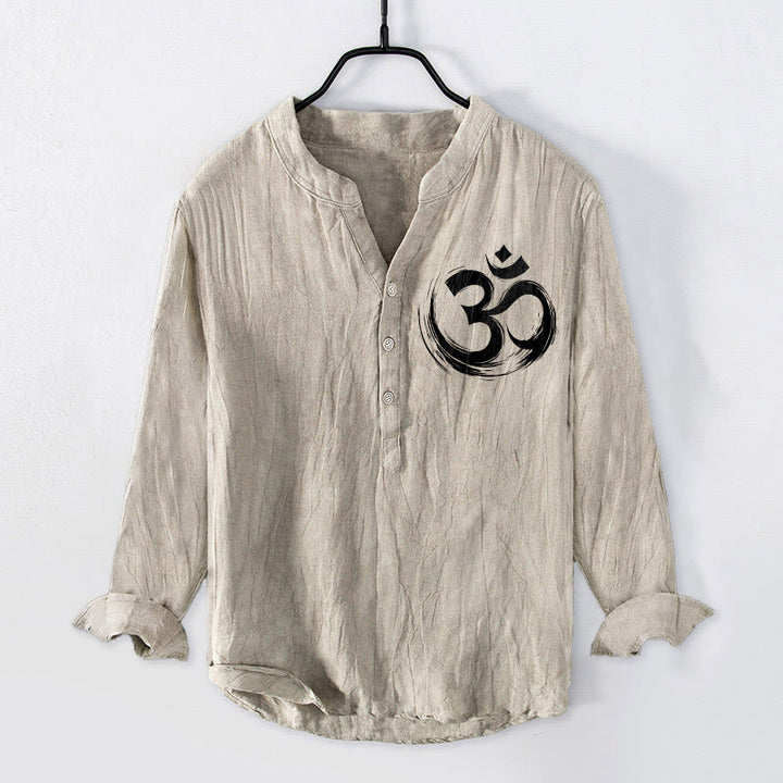 Buddha Stonesとオームシンボル柄のハーフボタンメンズコットンリネン長袖シャツ - リネン - US/UK/AU50、EU60 (5XL) - image 3