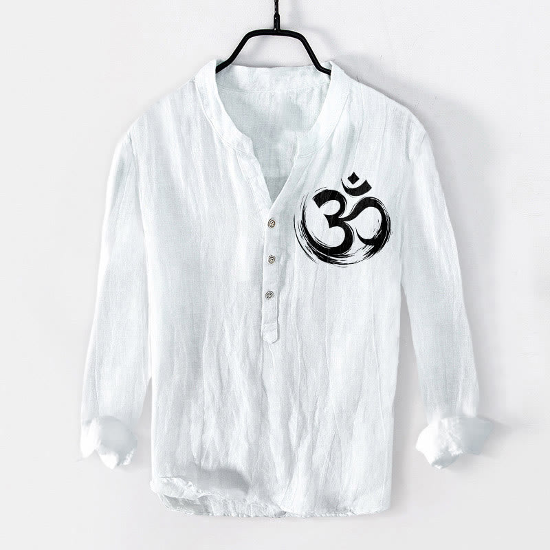 Buddha Stonesとオームシンボル柄のハーフボタンメンズコットンリネン長袖シャツ - 白 - US/UK/AU50、EU60 (5XL) - image 6