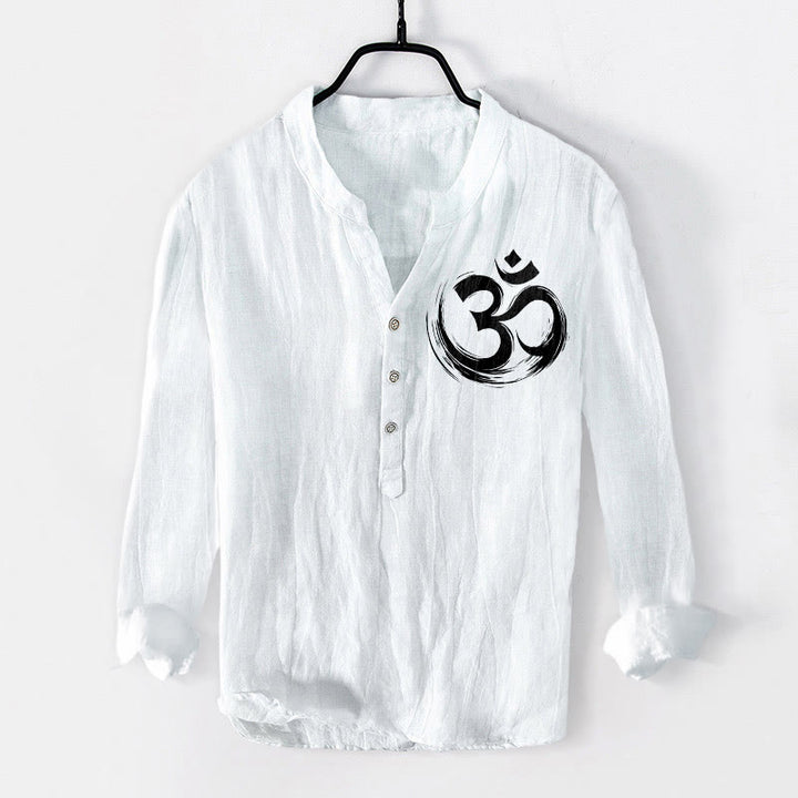 Buddha Stonesとオームシンボル柄のハーフボタンメンズコットンリネン長袖シャツ - 白 - US/UK/AU50、EU60 (5XL) - image 6