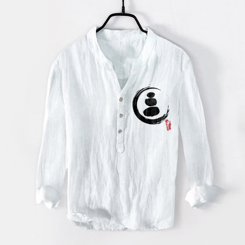 Buddha Stones禅石柄 ハーフボタン メンズ コットンリネン 長袖シャツ - 白 - US/UK/AU50、EU60 (5XL) - image 6