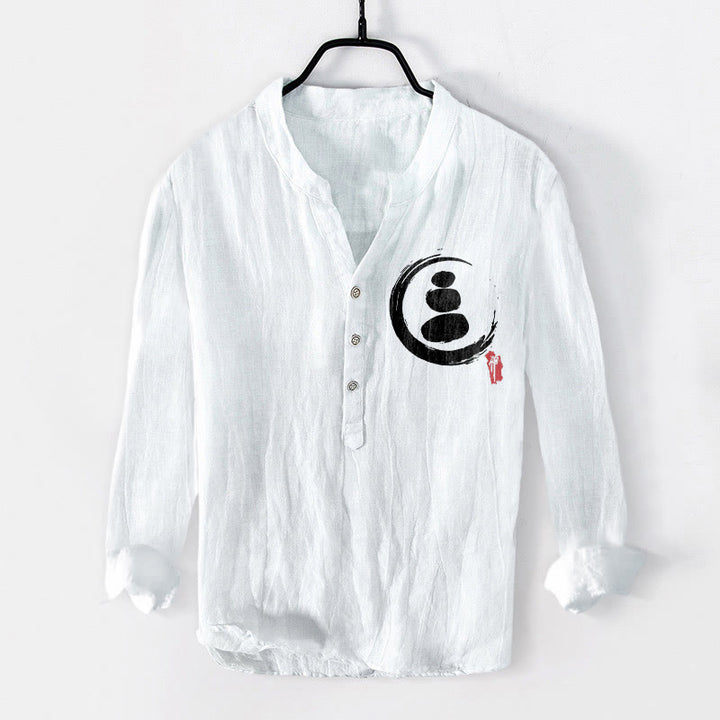 Buddha Stones禅石柄 ハーフボタン メンズ コットンリネン 長袖シャツ - 白 - US/UK/AU50、EU60 (5XL) - image 6