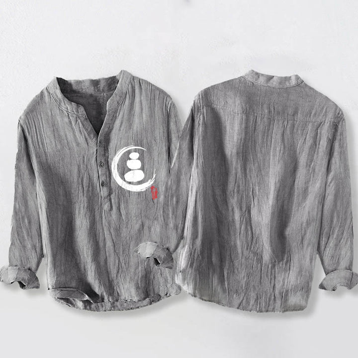Buddha Stones禅石柄 ハーフボタン メンズ コットンリネン 長袖シャツ - image 2