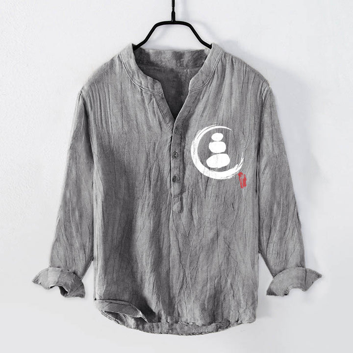 Buddha Stones禅石柄 ハーフボタン メンズ コットンリネン 長袖シャツ - グレー - US/UK/AU50、EU60 (5XL) - image 0