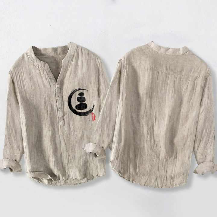 Buddha Stones禅石柄 ハーフボタン メンズ コットンリネン 長袖シャツ - image 5