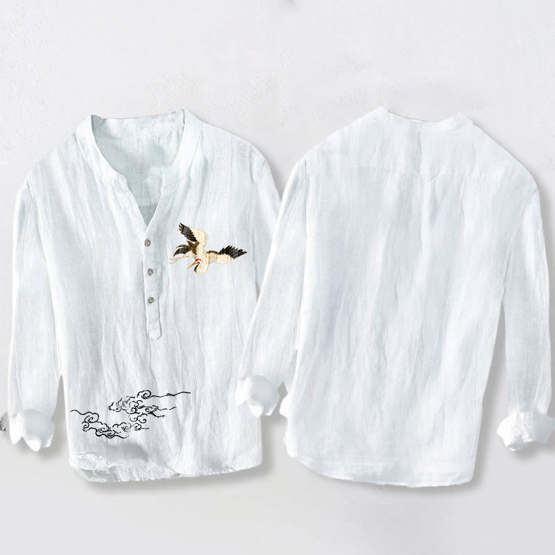 Buddha Stones、鶴、吉兆の雲模様、半ボタン、メンズコットンリネン長袖シャツ - image 8
