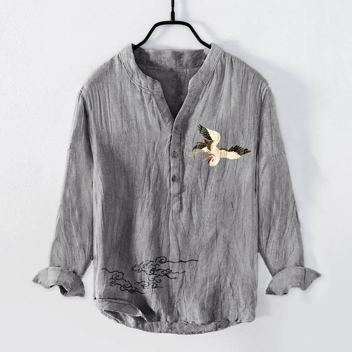 Buddha Stones、鶴、吉兆の雲模様、半ボタン、メンズコットンリネン長袖シャツ - グレー - US/UK/AU50、EU60 (5XL) - image 0