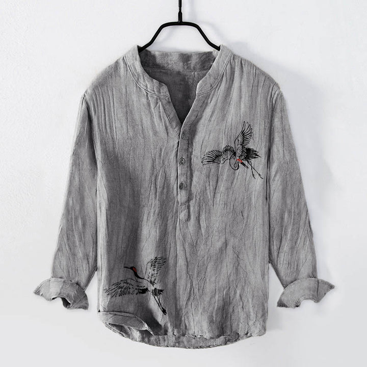 Buddha Stonesタンチョウ鶴柄 半ボタン メンズ コットンリネン 長袖シャツ - グレー - US/UK/AU50、EU60 (5XL) - image 3