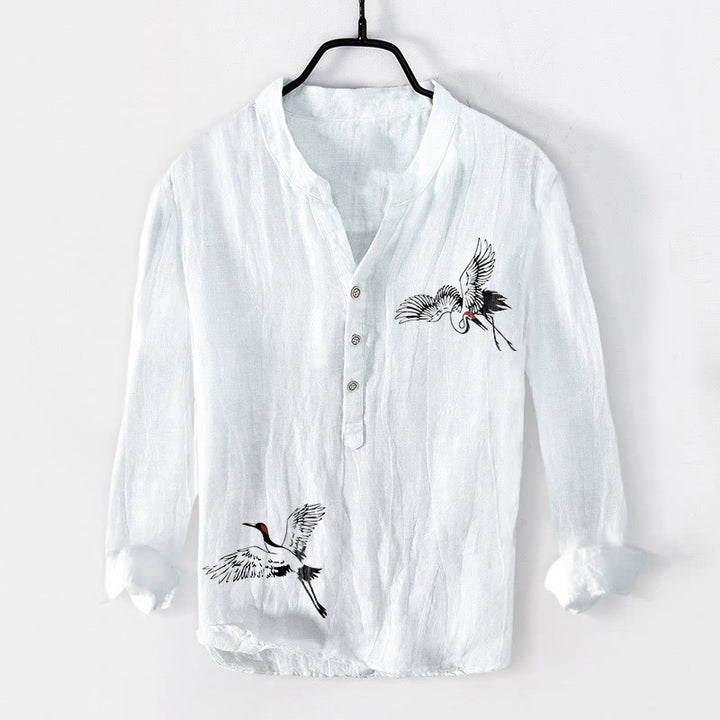 Buddha Stonesタンチョウ鶴柄 半ボタン メンズ コットンリネン 長袖シャツ - 白 - US/UK/AU50、EU60 (5XL) - image 0
