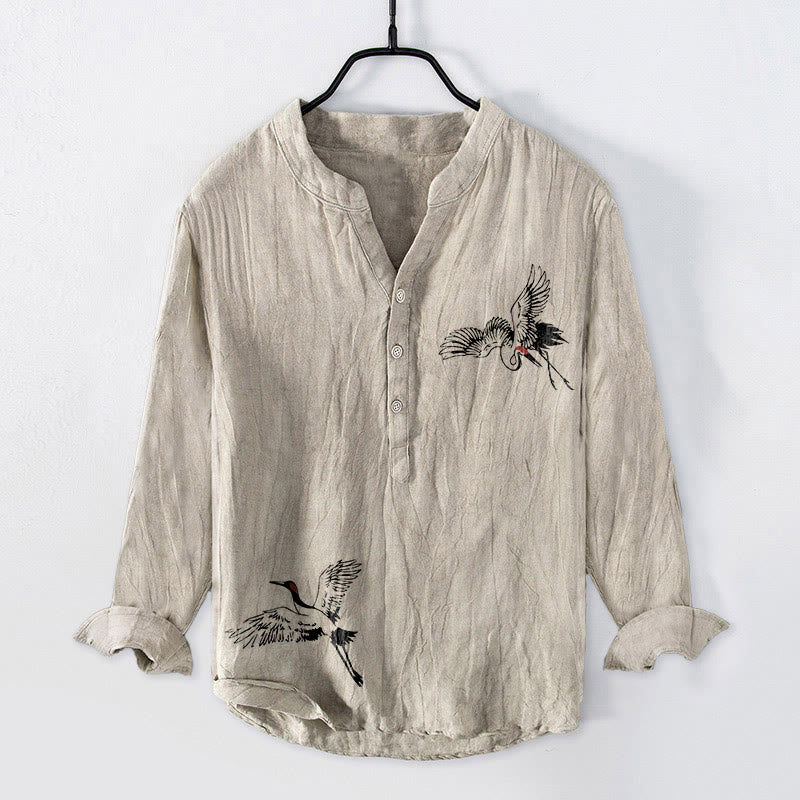 Buddha Stonesタンチョウ鶴柄 半ボタン メンズ コットンリネン 長袖シャツ - リネン - US/UK/AU50、EU60 (5XL) - image 6