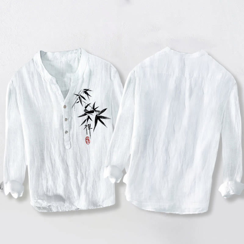Buddha Stonesと竹の禅キャラクター柄 ハーフボタン メンズ コットンリネン 長袖シャツ - image 8