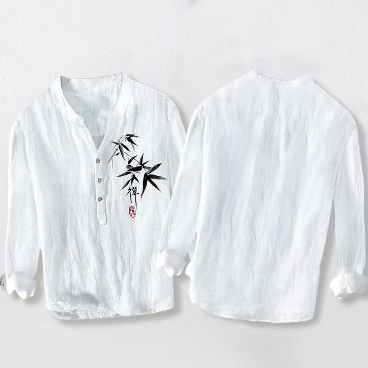 Buddha Stonesと竹の禅キャラクター柄 ハーフボタン メンズ コットンリネン 長袖シャツ - image 8