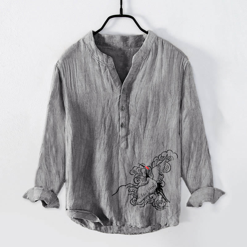 Buddha Stonesと丹頂鶴の雲模様の半ボタンメンズコットンリネン長袖シャツ - グレー - US/UK/AU50、EU60 (5XL) - image 3