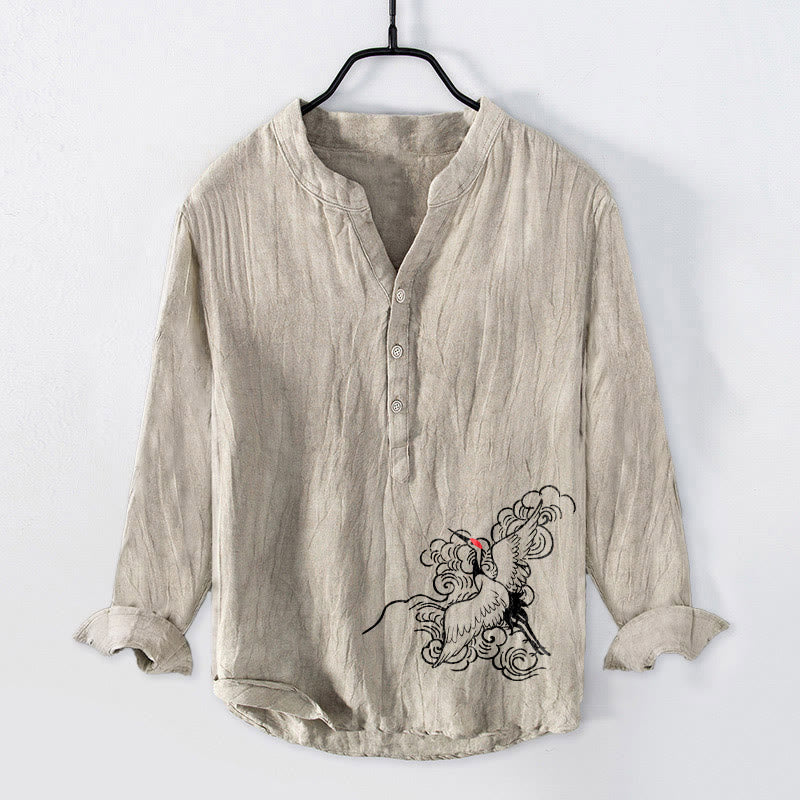 Buddha Stonesと丹頂鶴の雲模様の半ボタンメンズコットンリネン長袖シャツ - リネン - US/UK/AU50、EU60 (5XL) - image 0