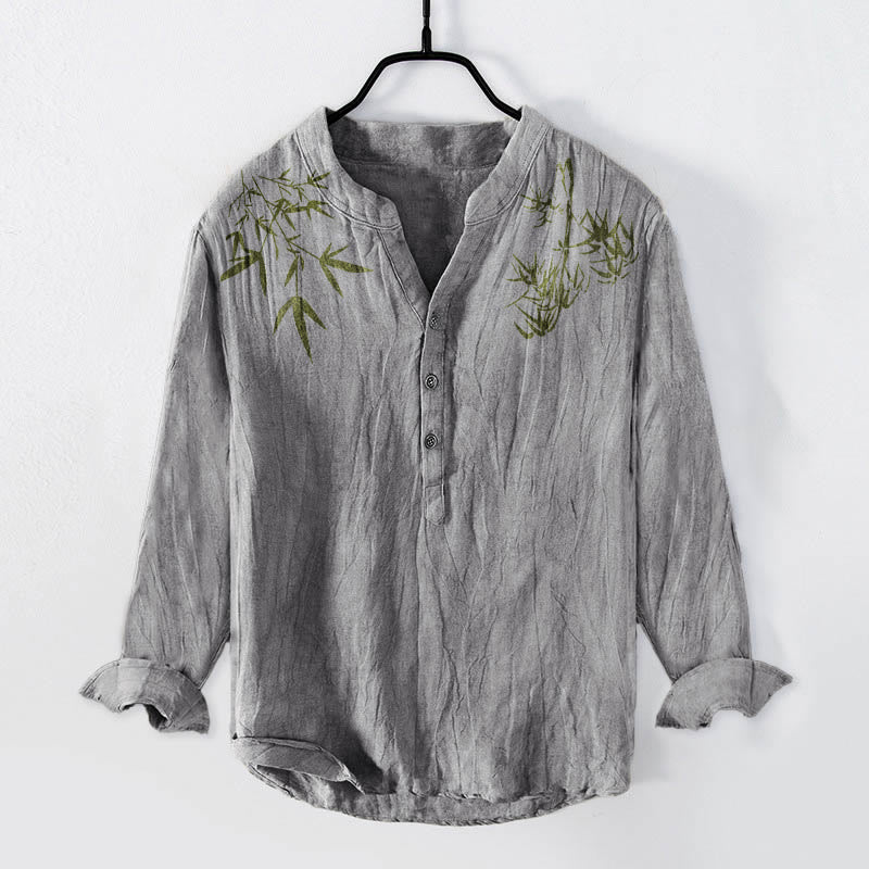 Buddha Stonesと緑の竹の葉柄 ハーフボタン メンズ コットンリネン 長袖シャツ - グレー - US/UK/AU50、EU60 (5XL) - image 3