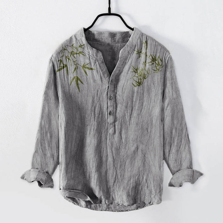 Buddha Stonesと緑の竹の葉柄 ハーフボタン メンズ コットンリネン 長袖シャツ - グレー - US/UK/AU50、EU60 (5XL) - image 3