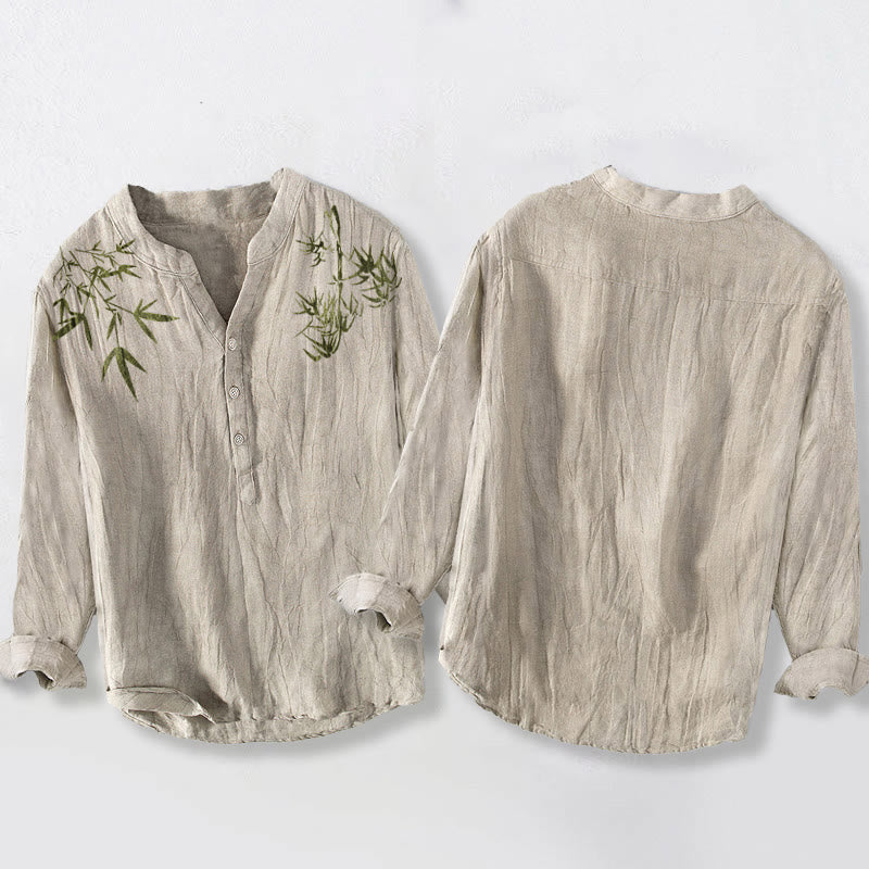 Buddha Stonesと緑の竹の葉柄 ハーフボタン メンズ コットンリネン 長袖シャツ - image 2