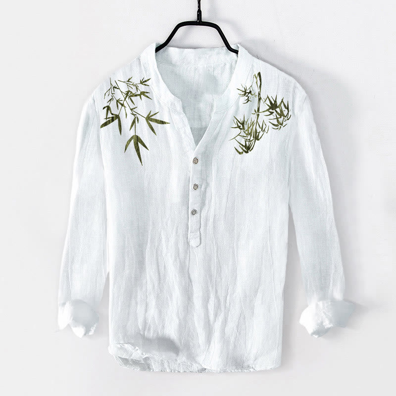 Buddha Stonesと緑の竹の葉柄 ハーフボタン メンズ コットンリネン 長袖シャツ - 白 - US/UK/AU50、EU60 (5XL) - image 6