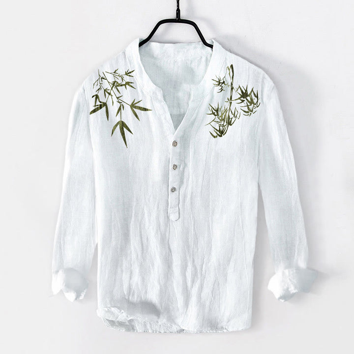 Buddha Stonesと緑の竹の葉柄 ハーフボタン メンズ コットンリネン 長袖シャツ - 白 - US/UK/AU50、EU60 (5XL) - image 6