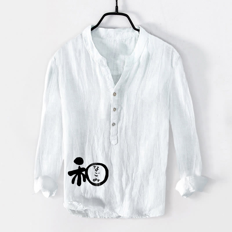 Buddha Stonesと漢字のハーモニー柄 ハーフボタン メンズ コットンリネン 長袖シャツ - 白 - US/UK/AU50、EU60 (5XL) - image 0