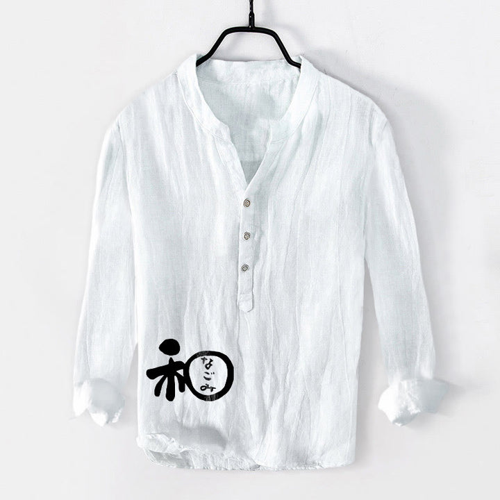 Buddha Stonesと漢字のハーモニー柄 ハーフボタン メンズ コットンリネン 長袖シャツ - 白 - US/UK/AU50、EU60 (5XL) - image 0