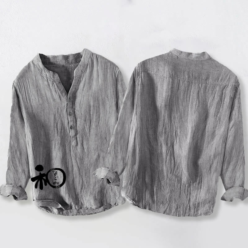 Buddha Stonesと漢字のハーモニー柄 ハーフボタン メンズ コットンリネン 長袖シャツ - image 8