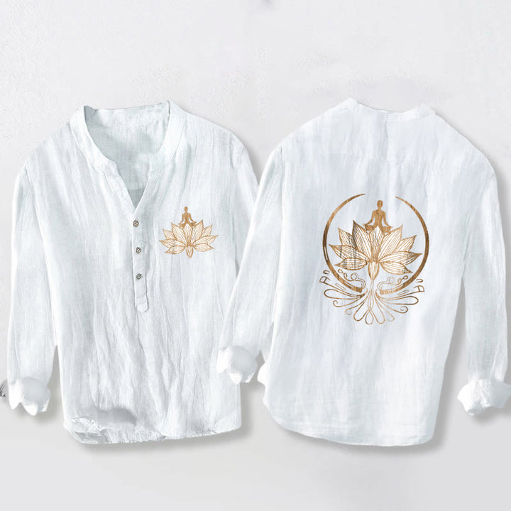 Buddha Stonesと瞑想する人 蓮の模様 ハーフボタン メンズ コットンリネン 長袖シャツ - 白 - US/UK/AU50、EU60 (5XL) - image 6