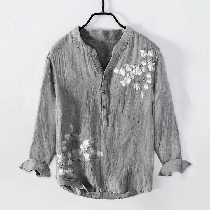 Buddha Stones、マグノリアの花、枝柄、ハーフボタン、メンズコットンリネン長袖シャツ - グレー - US/UK/AU50、EU60 (5XL) - image 0